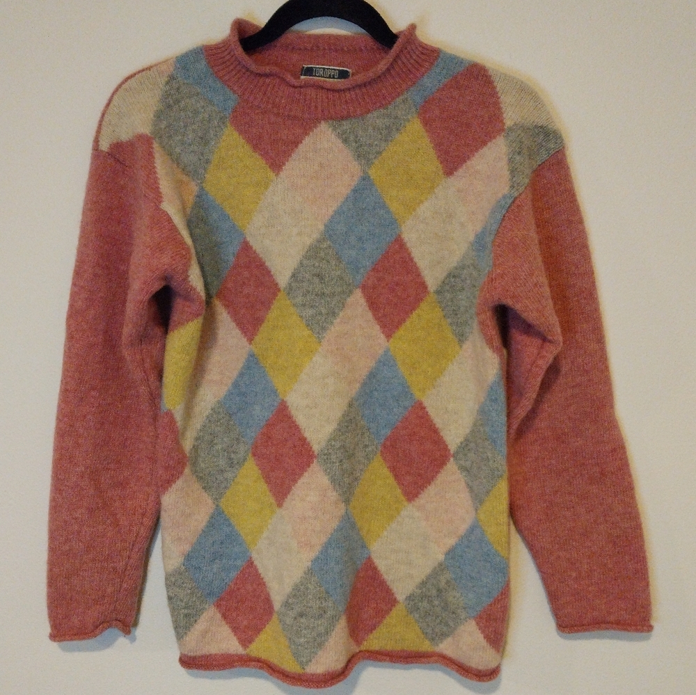 Toroppo Vintage Pastel Argyle 100% New Wool Rolled Mock Neck Sweater